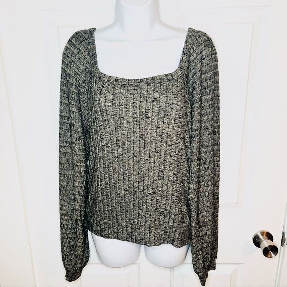 Michael Stars Black Marled Balloon Sleeve Heathered Polly Knit Square Neck Top M - Picture 5 of 13